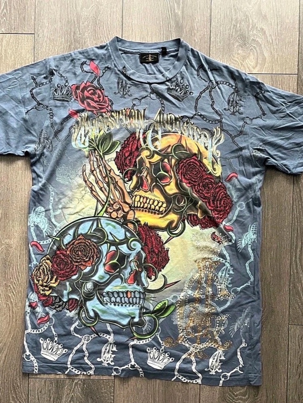 Christian Audigier Vintage Skull and Roses Rhinestone All-Over Print T-Shirt